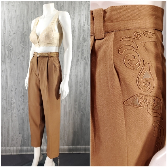 Pants - Hong Jae Korean Fashion Embroidered Pant Brown High Waist Vintage Academia